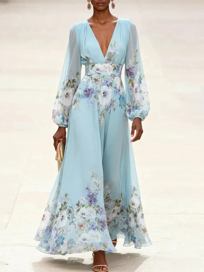 Women's Floral Chiffon V-Neck Maxi Dress - Effortless Summer Style
