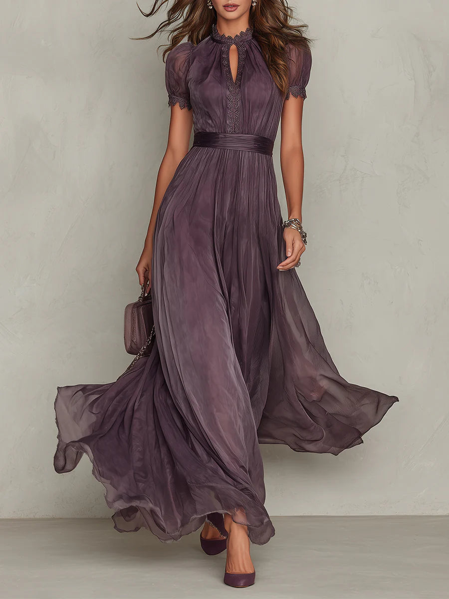 Women's Chiffon Maxi Dress - Lace-Trimmed & Sash Waist