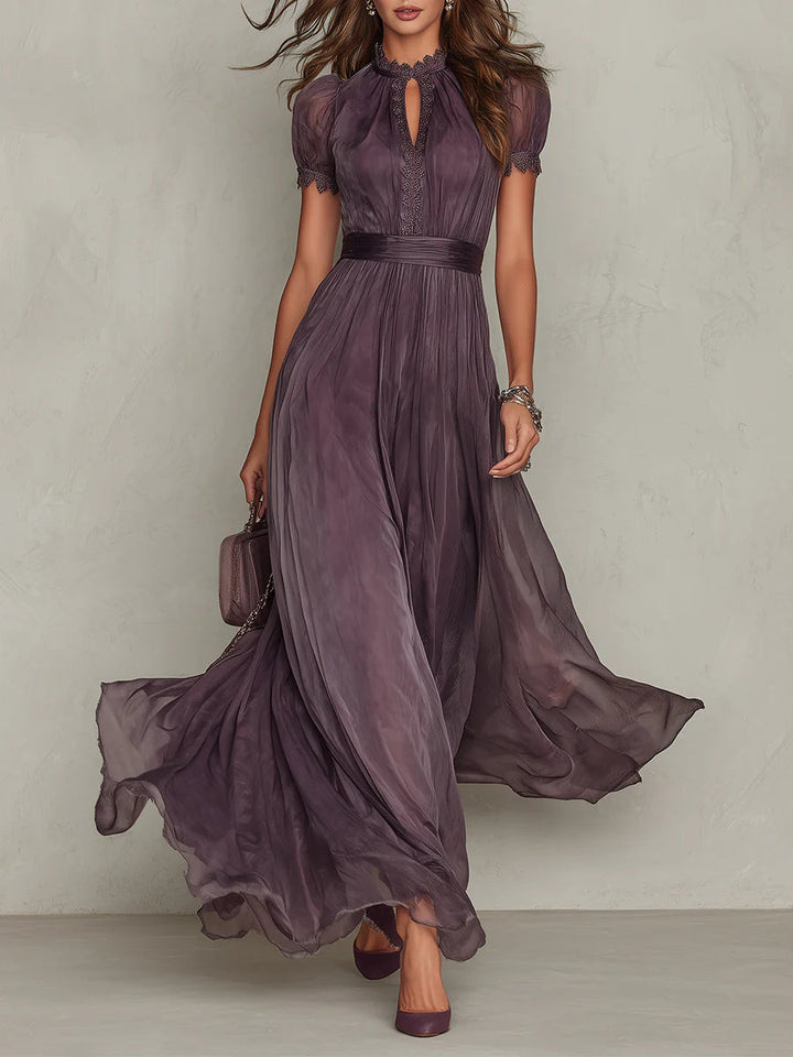 Women's Chiffon Maxi Dress - Lace-Trimmed & Sash Waist