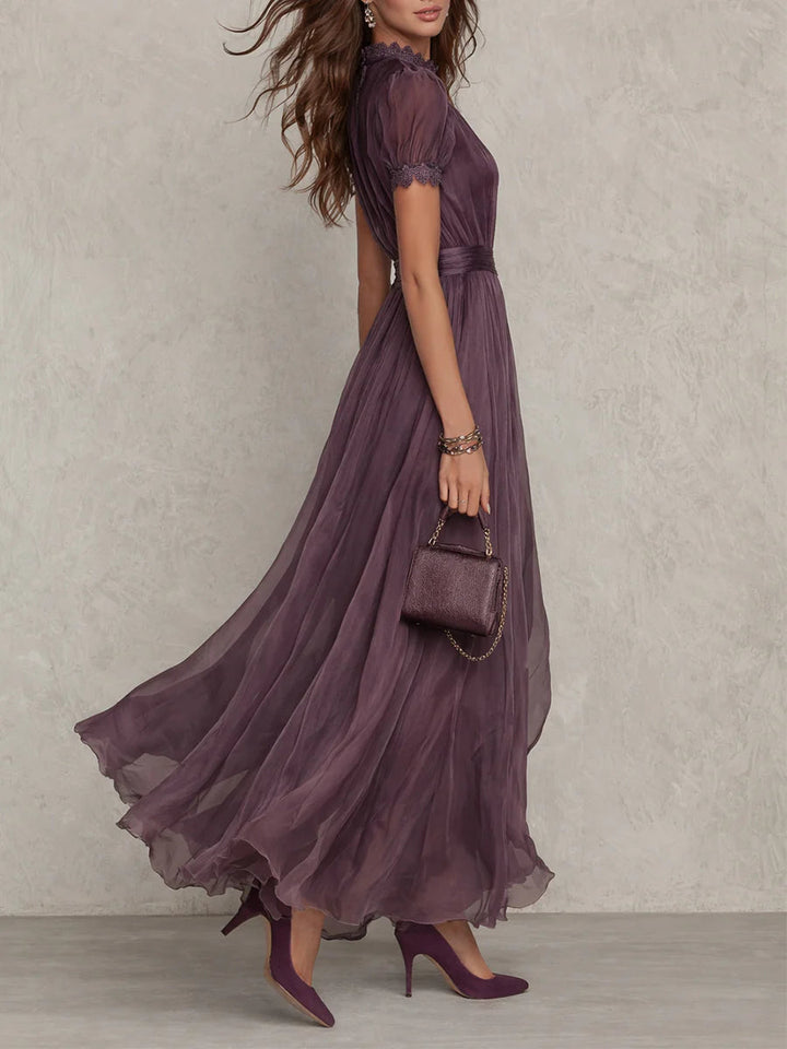 Women's Chiffon Maxi Dress - Lace-Trimmed Evening Wear