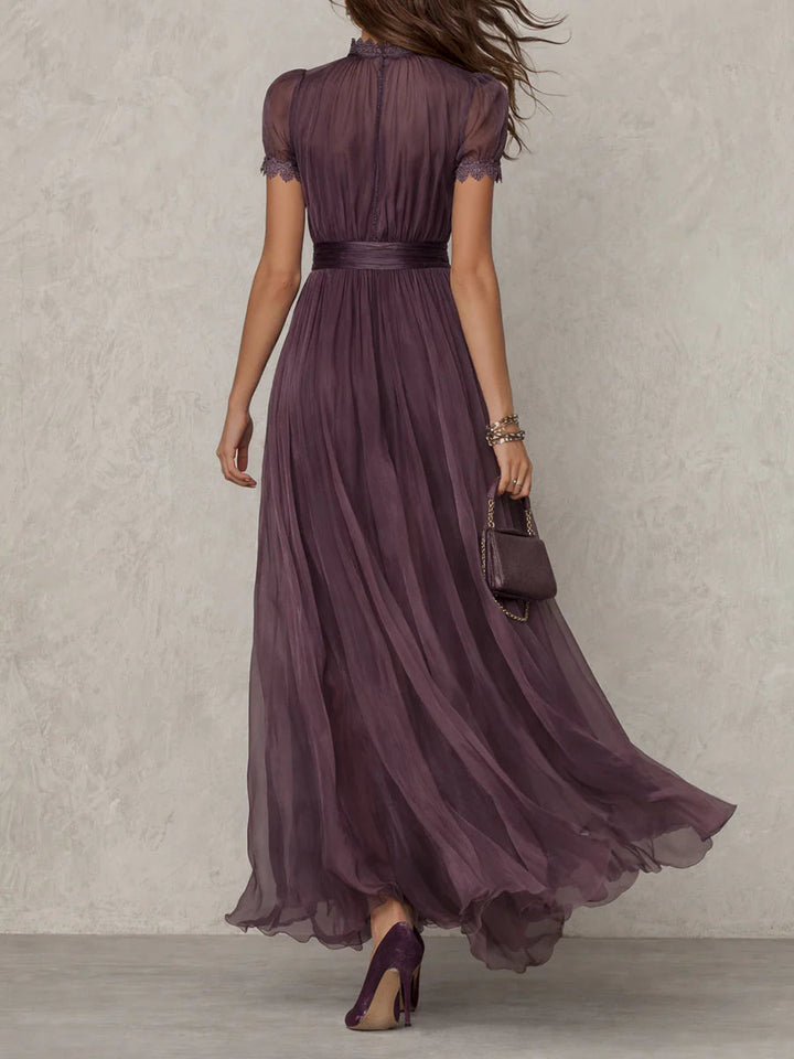 Women's Chiffon Maxi Dress - Lace-Trimmed & Sash Waist