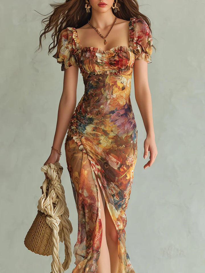 Women's Long Orange Chiffon Maxi Dress - Bohemian Oil Painting Print