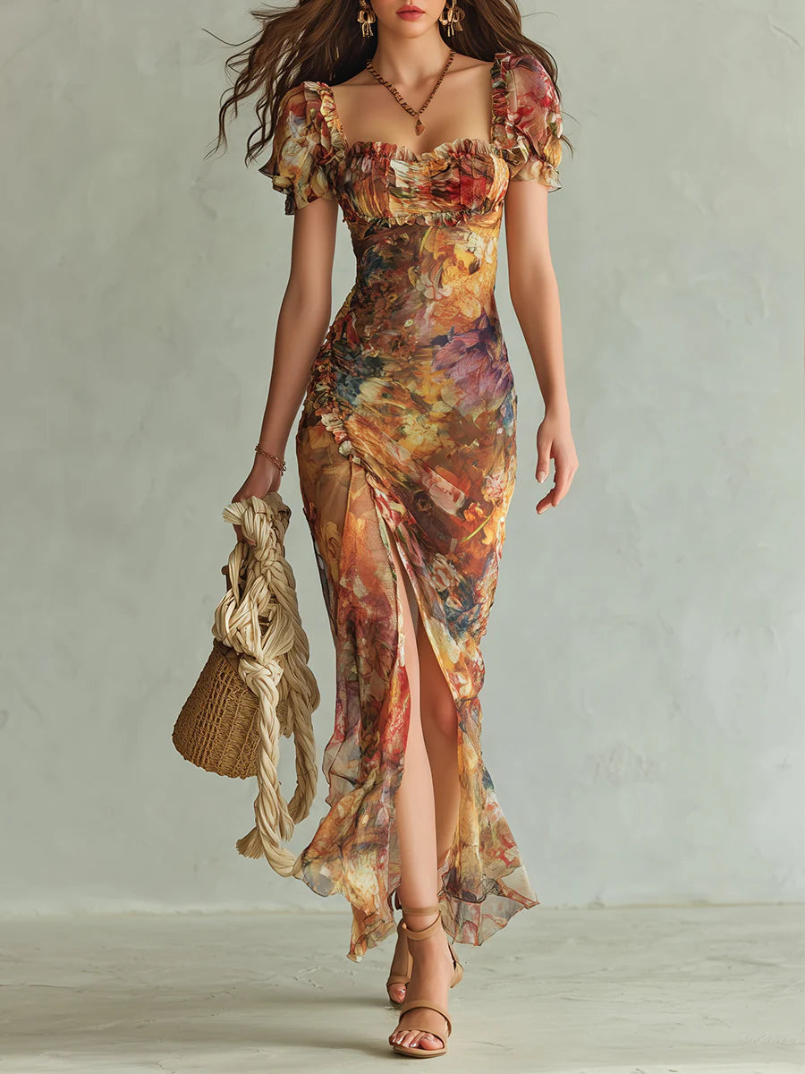 Women's Long Orange Chiffon Maxi Dress - Bohemian Oil Painting Print