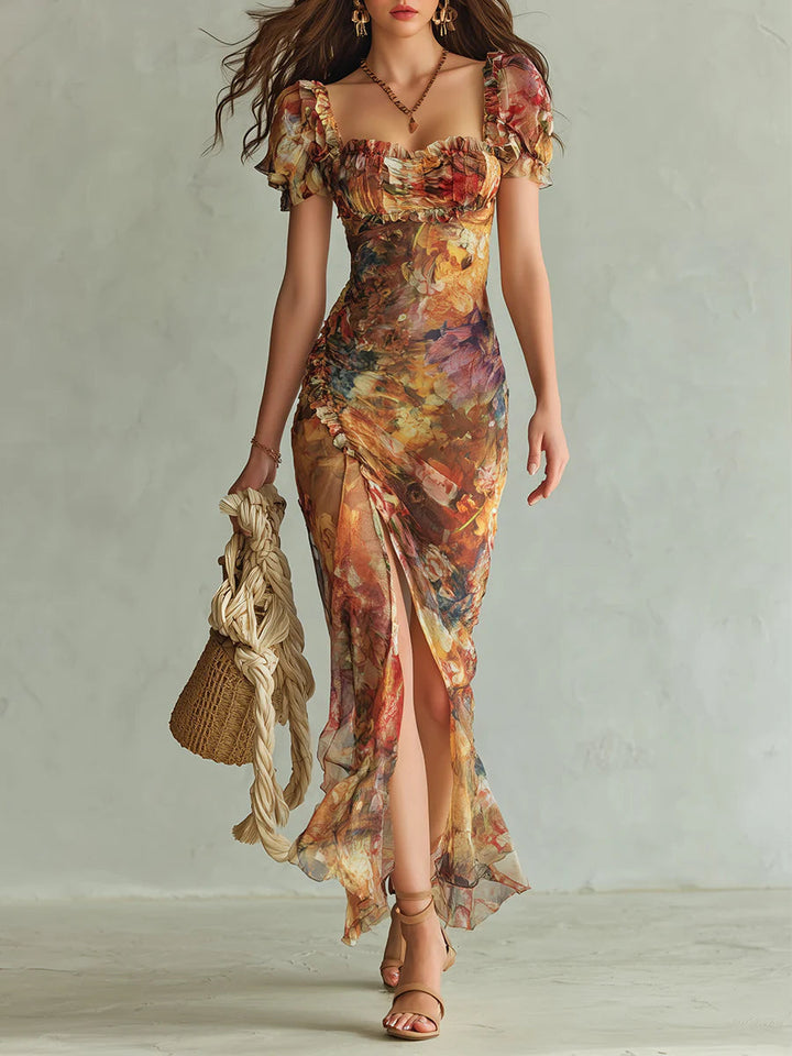 Women's Long Orange Chiffon Maxi Dress - Bohemian Oil Painting Print