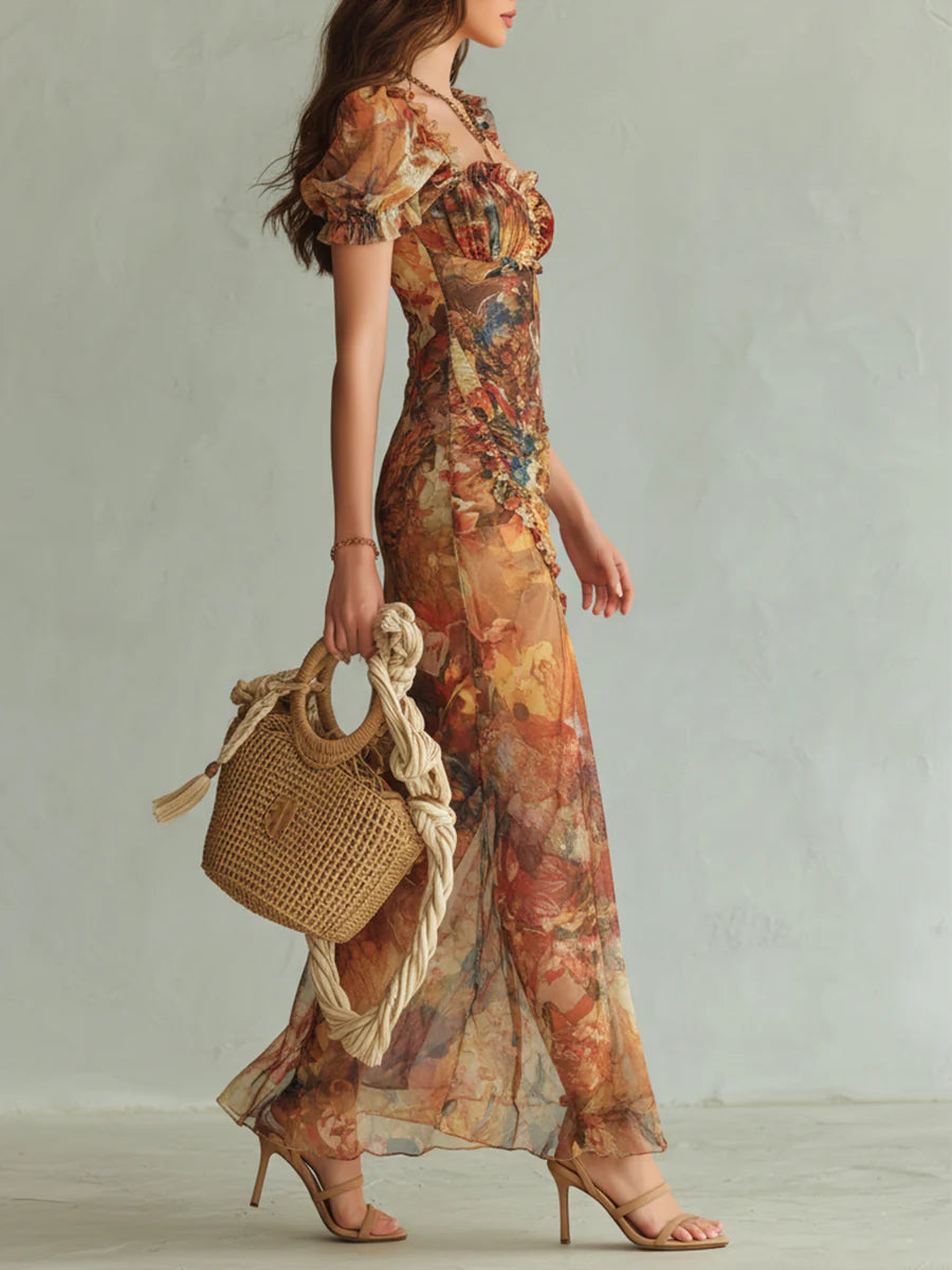 Women's Long Orange Chiffon Maxi Dress - Bohemian Oil Painting Print