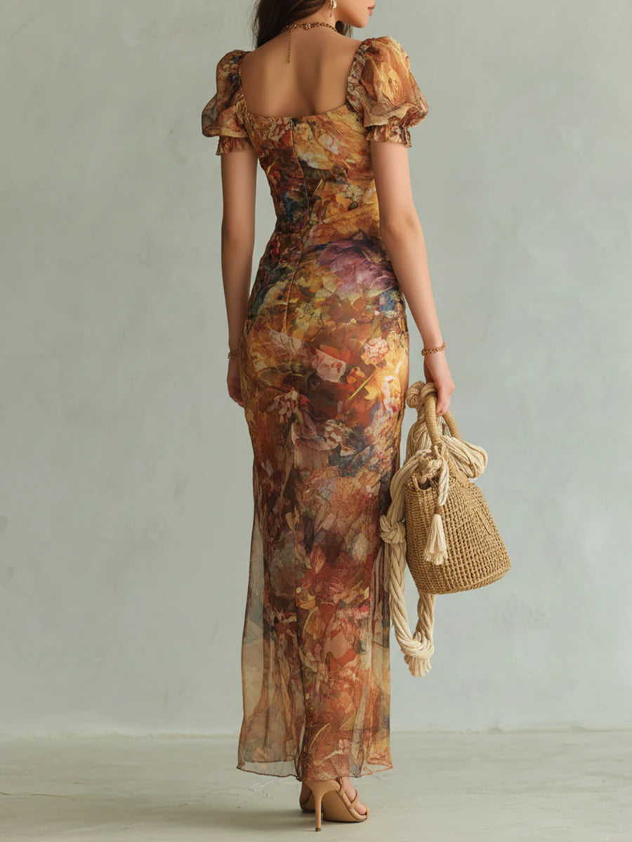 Women's Long Orange Chiffon Maxi Dress - Bohemian Oil Painting Print