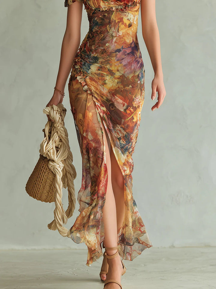 Women's Long Orange Chiffon Maxi Dress - Bohemian Oil Painting Print