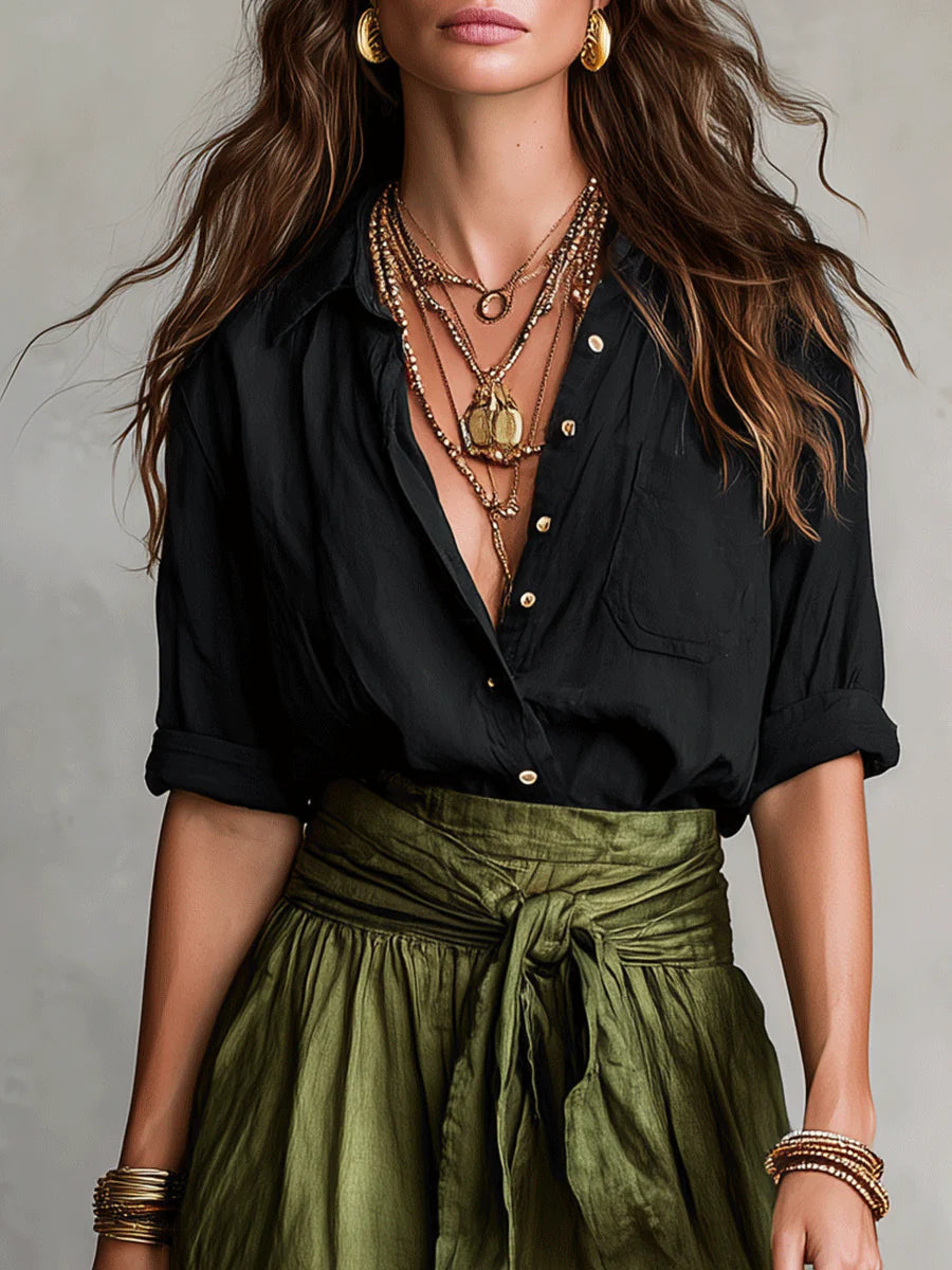 Women's Two-Piece Set - Black Top & Olive Green Midi Skirt