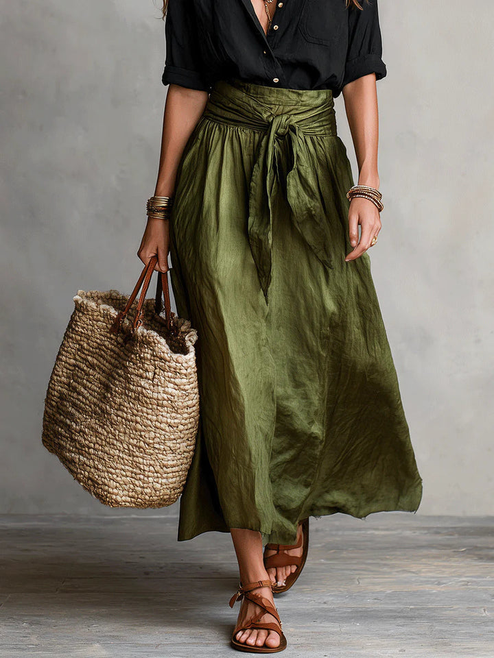 Women's Two-Piece Set - Black Top & Olive Green Midi Skirt