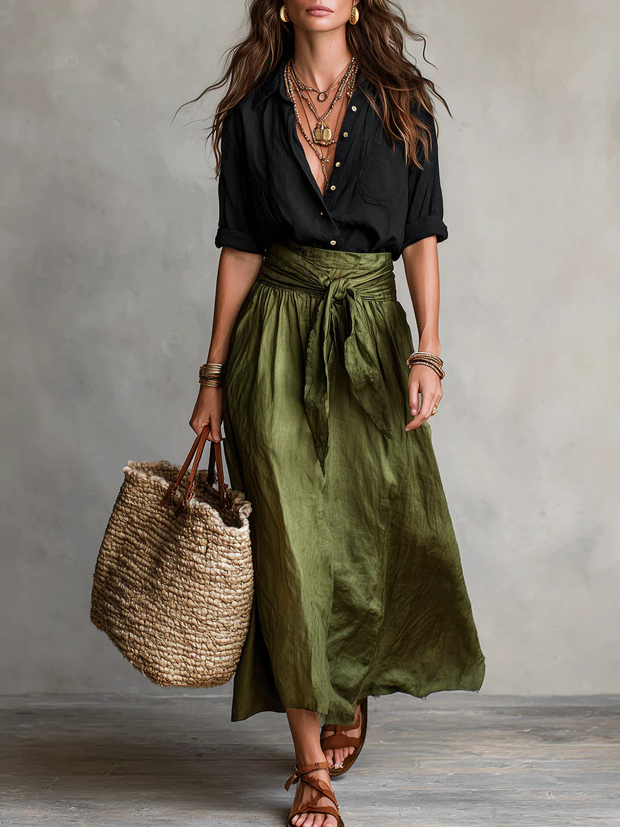 Women's Two-Piece Set - Black Top & Olive Green Midi Skirt