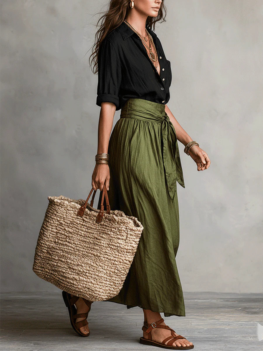 Women's Vera Two-Piece Set - Black Top & Olive Green Midi Skirt