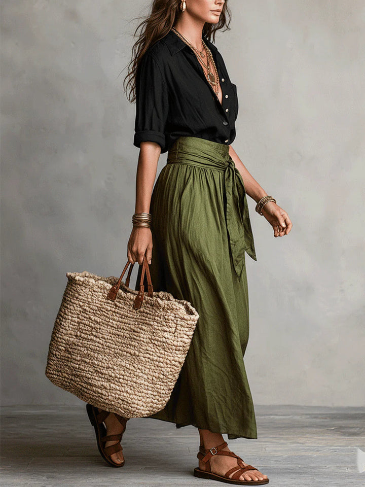 Women's Two-Piece Set - Black Top & Olive Green Midi Skirt