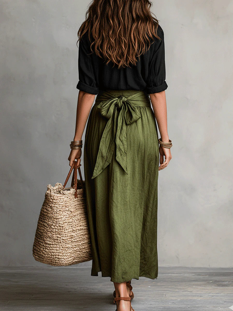 Women's Vera Two-Piece Set - Black Top & Olive Green Midi Skirt