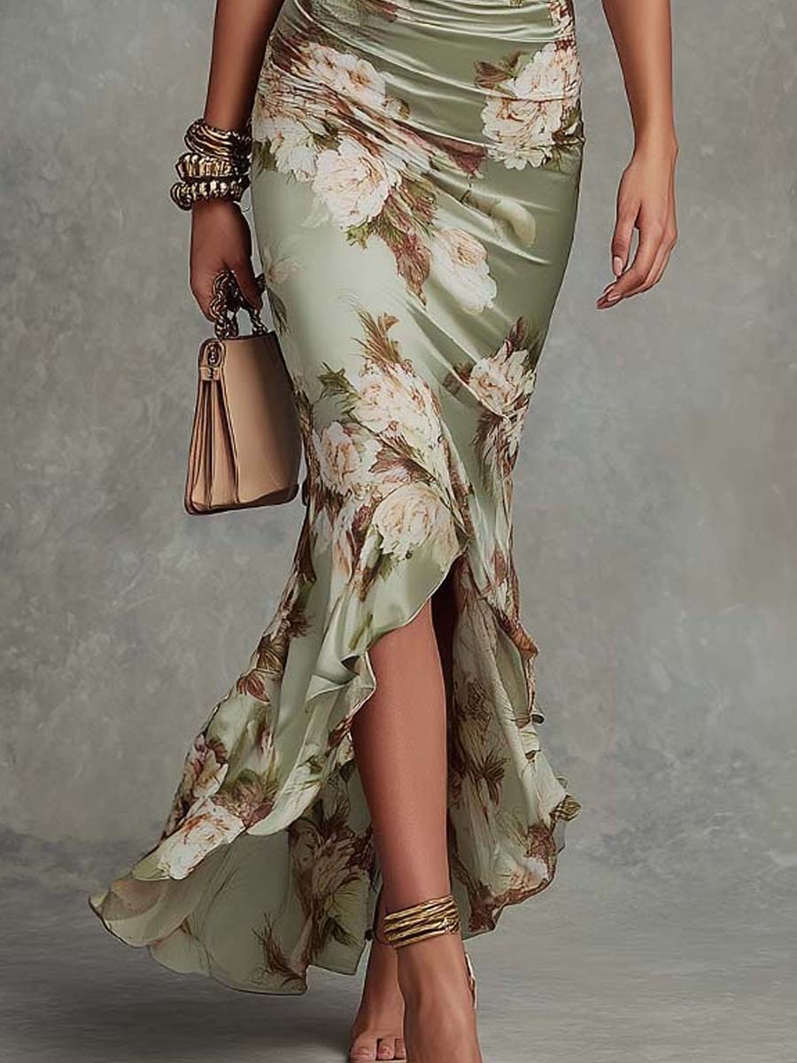 Women's Floral Satin Asymmetrical Maxi Dress - Elegant Party Look