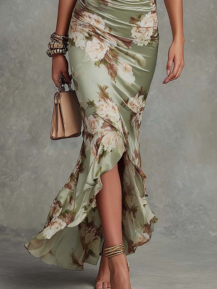 Women's Floral Satin Asymmetrical Maxi Dress - Elegant Party Look
