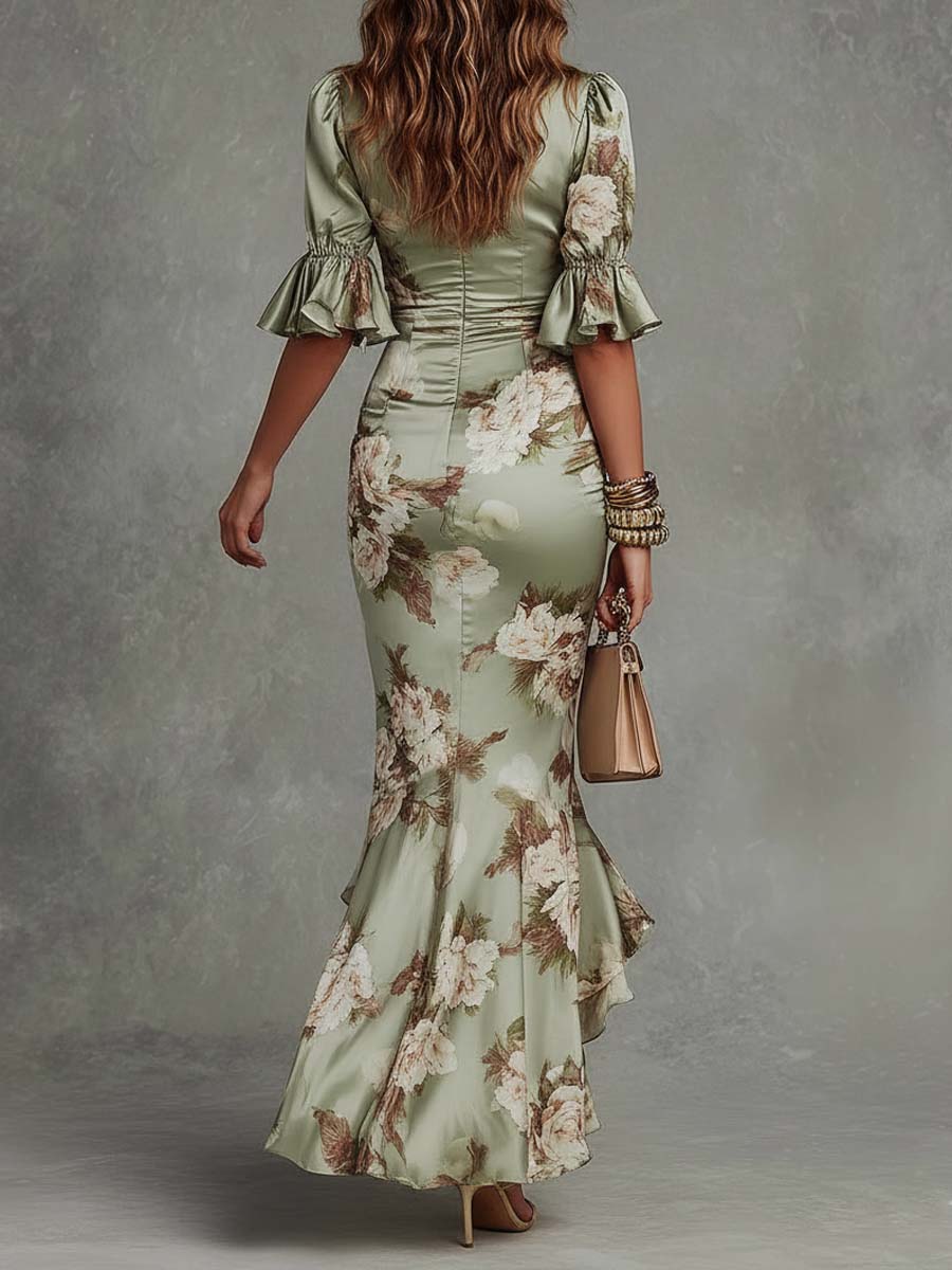 Women's Floral Satin Asymmetrical Maxi Dress - Elegant Party Look