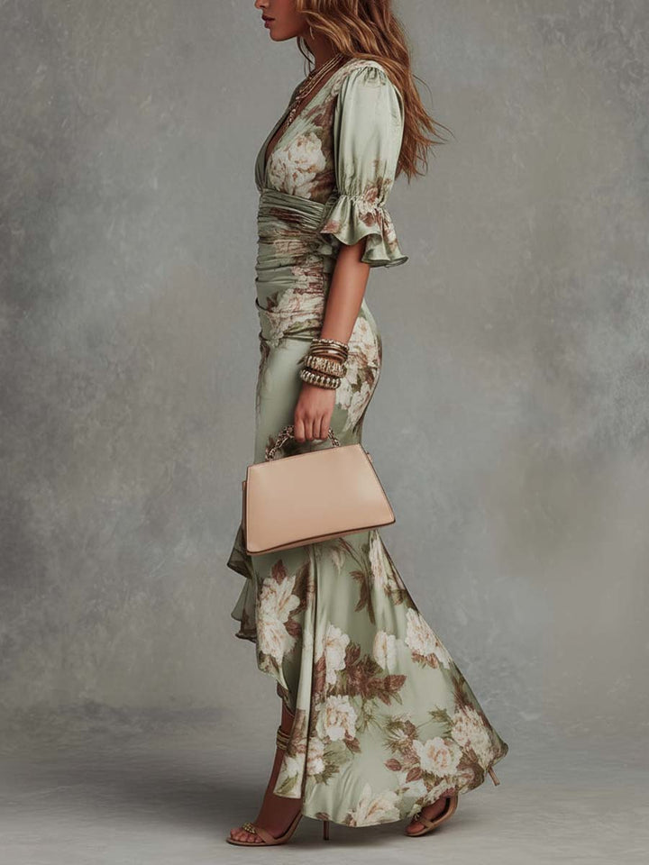Women's Floral Satin Asymmetrical Maxi Dress - Elegant Party Look