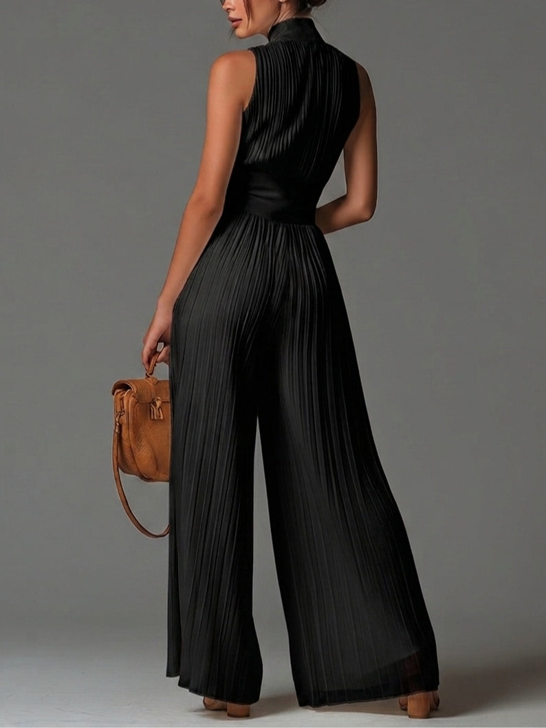 Women's Chiffon V-Neck Pleated Wide-Leg Jumpsuit - Elegant Look