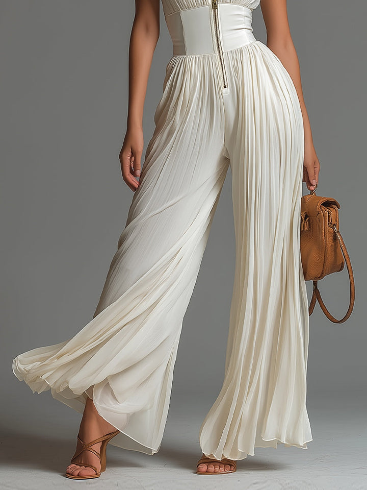 Women's White V-neck Sleeveless Zip-up Pleated Wide-leg Jumpsuit