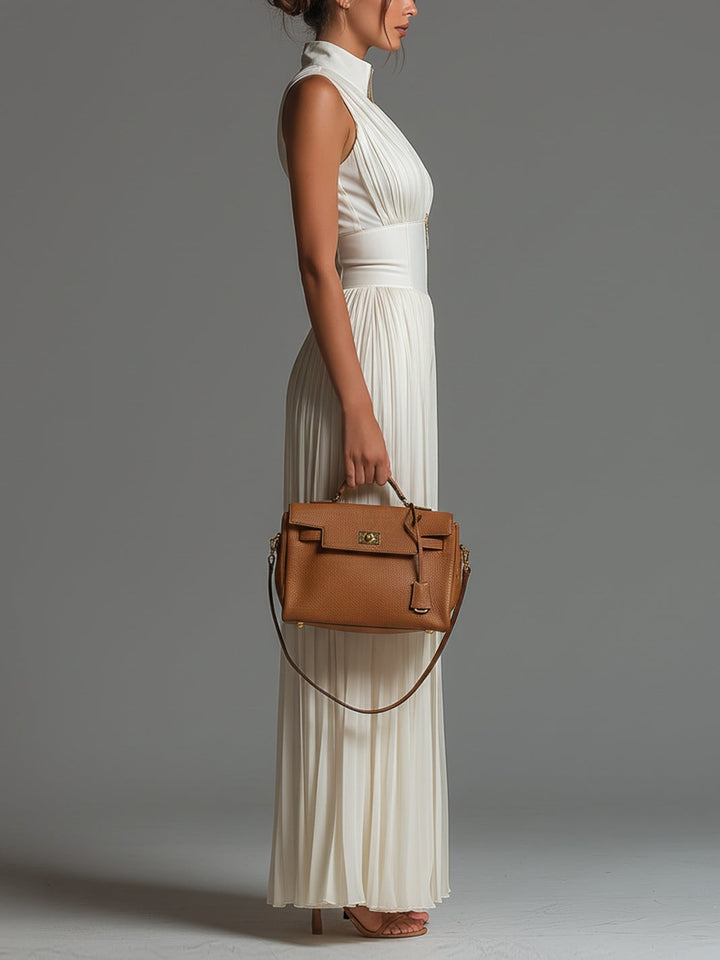 Women's White Chiffon Wide Leg Jumpsuit - Pleated V-Neck Elegance