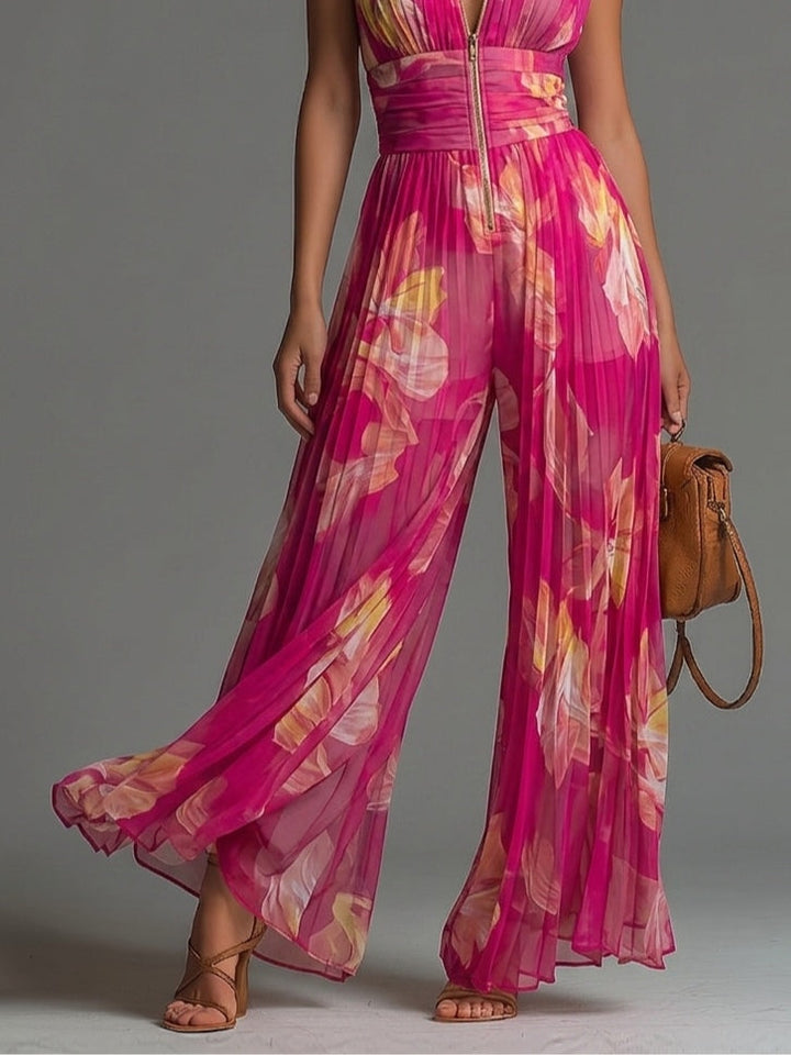 Women's Fuchsia Floral Pleated Chiffon Jumpsuit - Elegant Evening