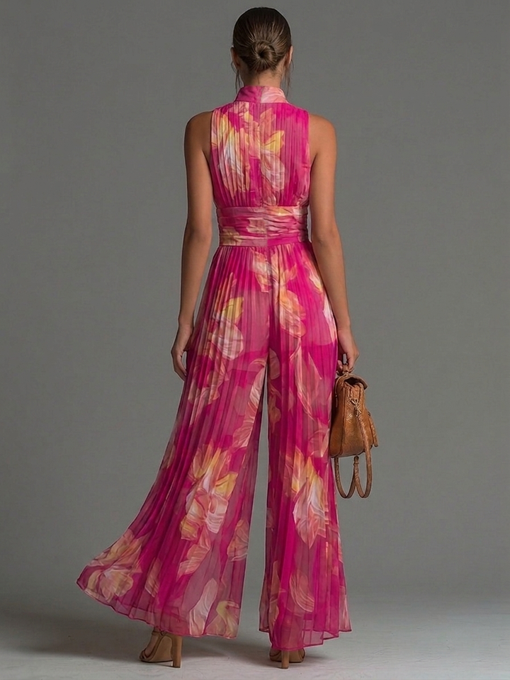Women's Fuchsia Floral Pleated Chiffon Jumpsuit - Elegant Evening