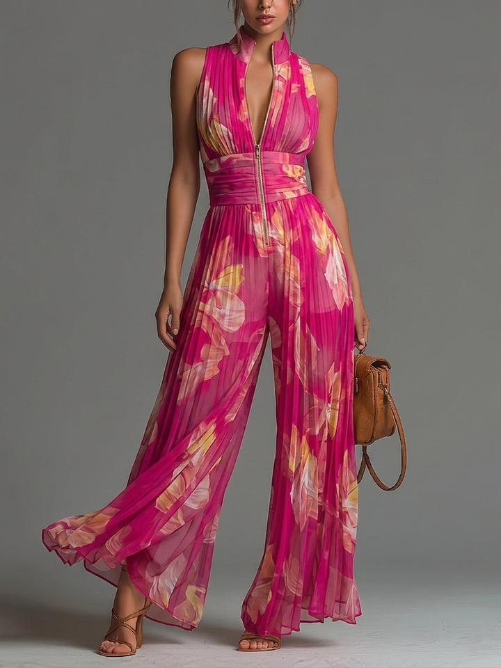 Women's Fuchsia Floral Pleated Chiffon Jumpsuit - Elegant Evening
