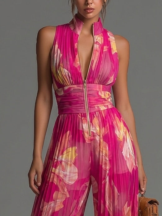 Women's Floral Chiffon Pleated Jumpsuit - Evening Elegance