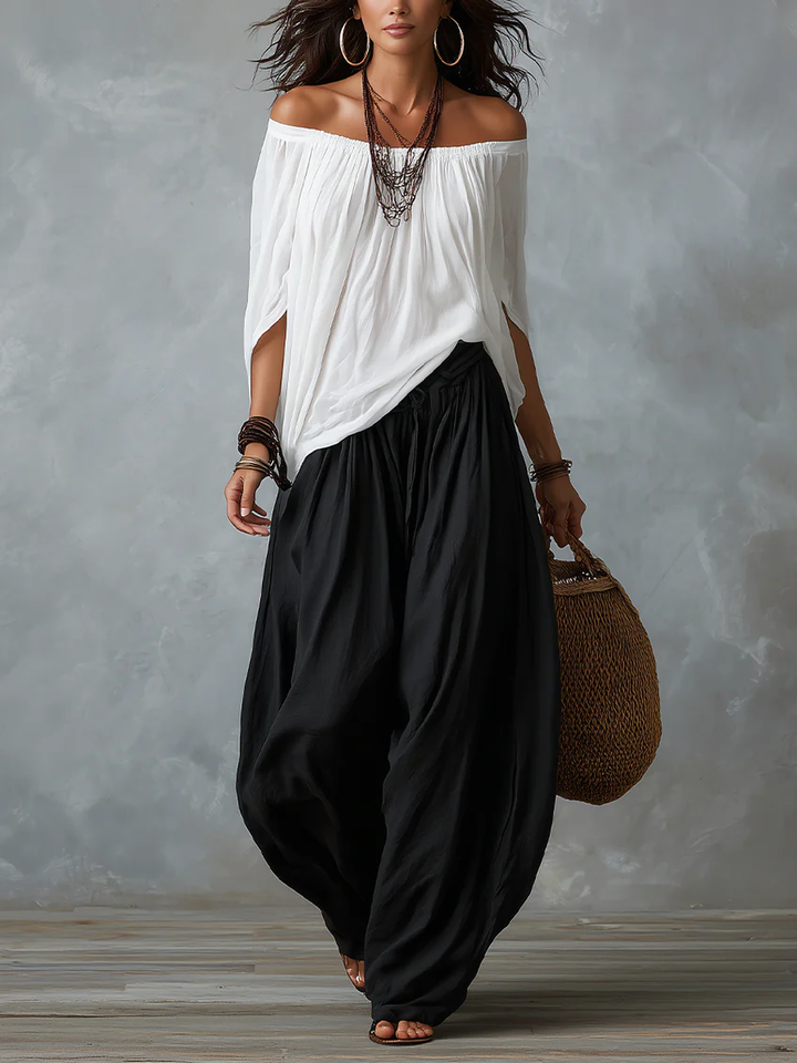 Women's Rayon Off-Shoulder Top and Lantern Pants Set