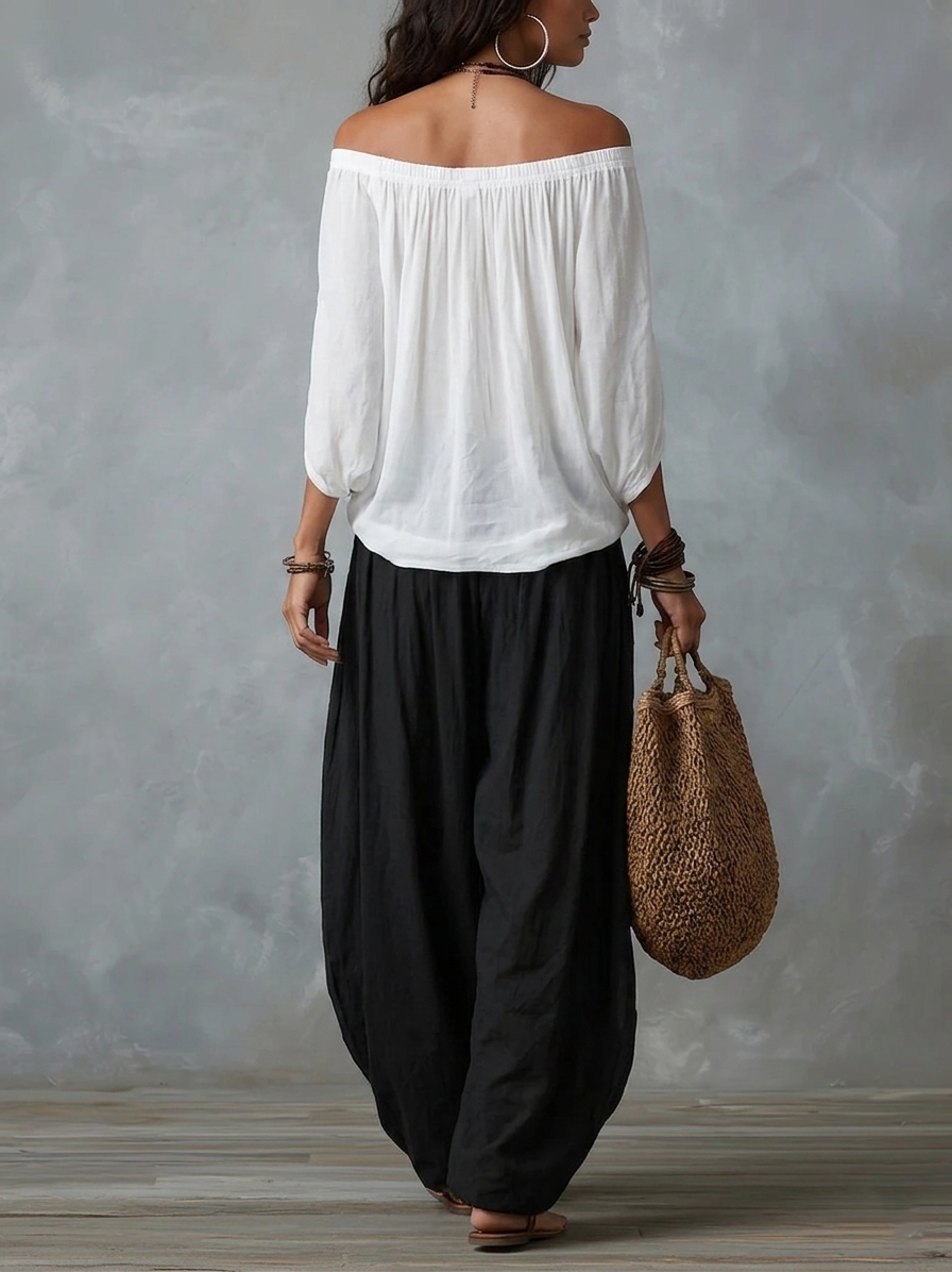 Women's Rayon Off-Shoulder Top and Lantern Pants Set