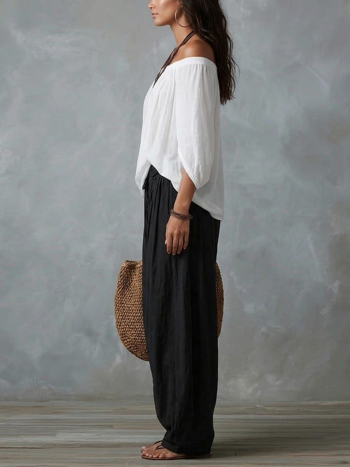 Women's White Off-Shoulder Top and Lantern Pants Set