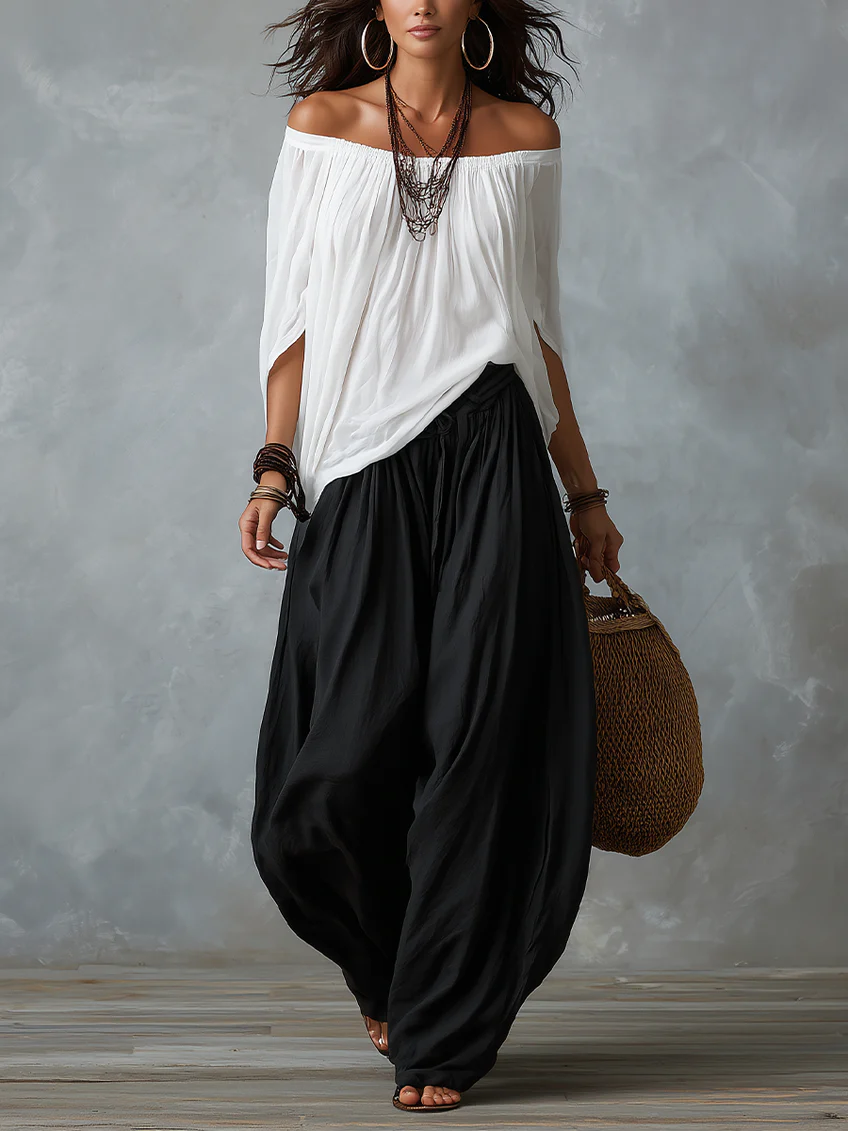 Women's White Off-Shoulder Top and Lantern Pants Set
