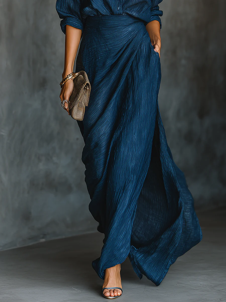 Women's Elegant Dark Blue Shirt & Long Skirt Set - Summer Comfort