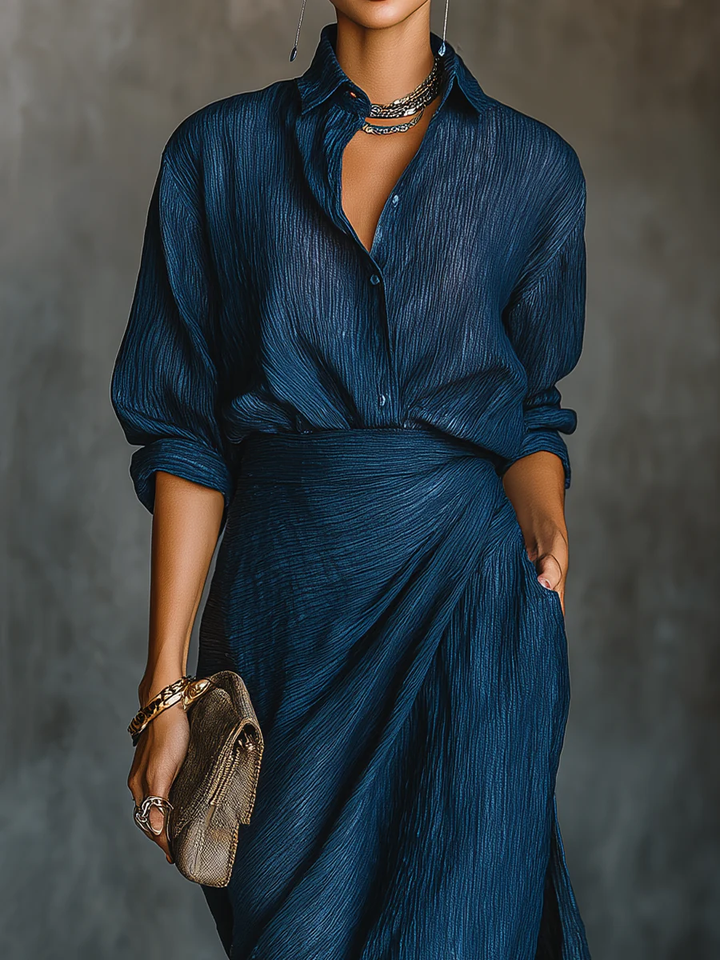 Women's Elegant Dark Blue Shirt & Long Skirt Set - Summer Comfort