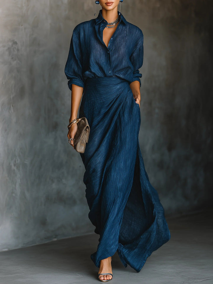 Women's Elegant Dark Blue Shirt & Long Skirt Set - Summer Comfort