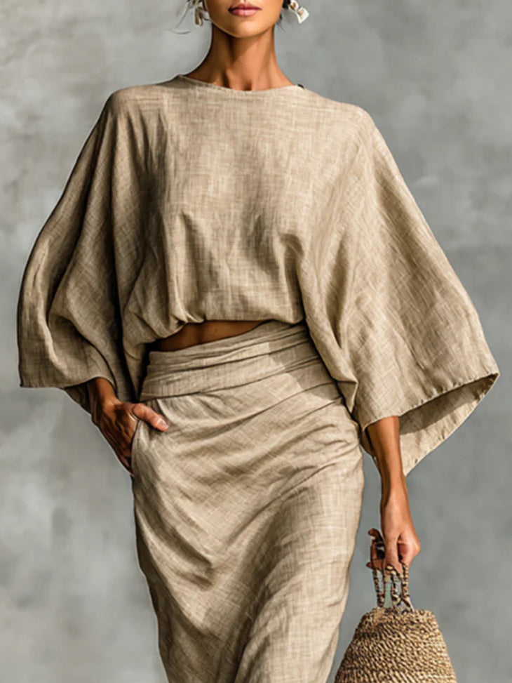 Women's Batwing Sleeve Top and Long Skirt Two-Piece Set - Flowy