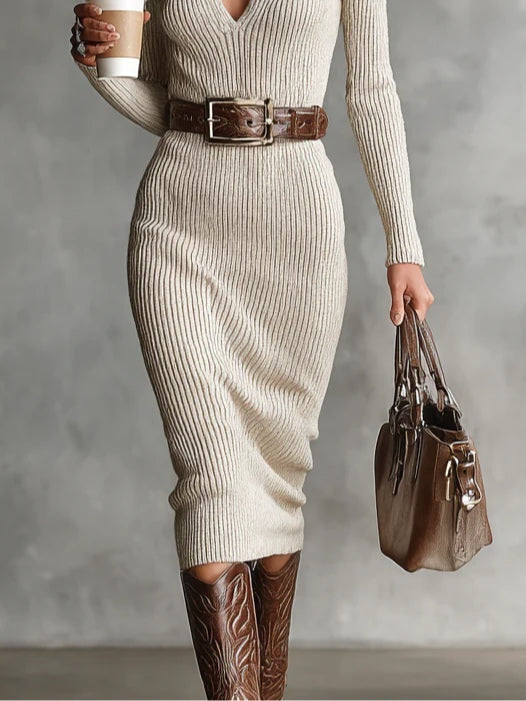 Women's High-Neck Knit Midi Dress - Elegant & Cozy