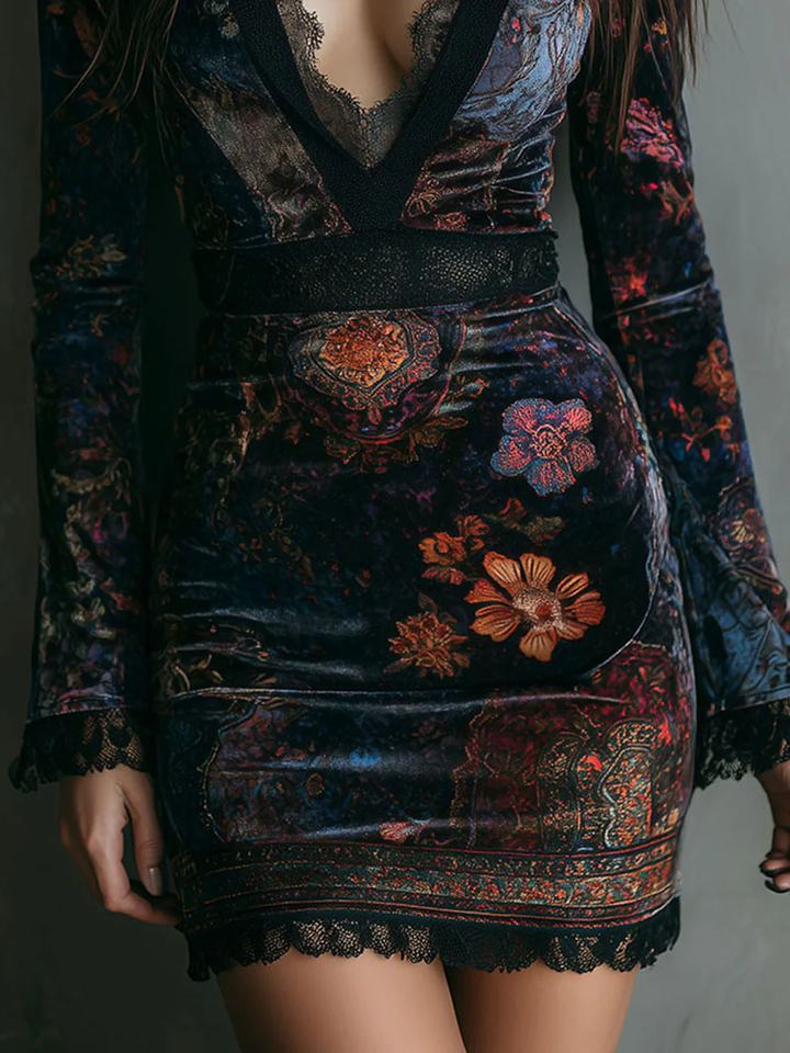 Women's Velvet Lace Floral Mini Dress - Festive & Romantic