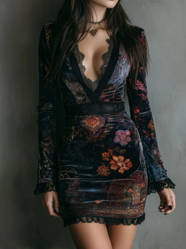 Women's Velvet Lace Floral Mini Dress - Festive & Romantic