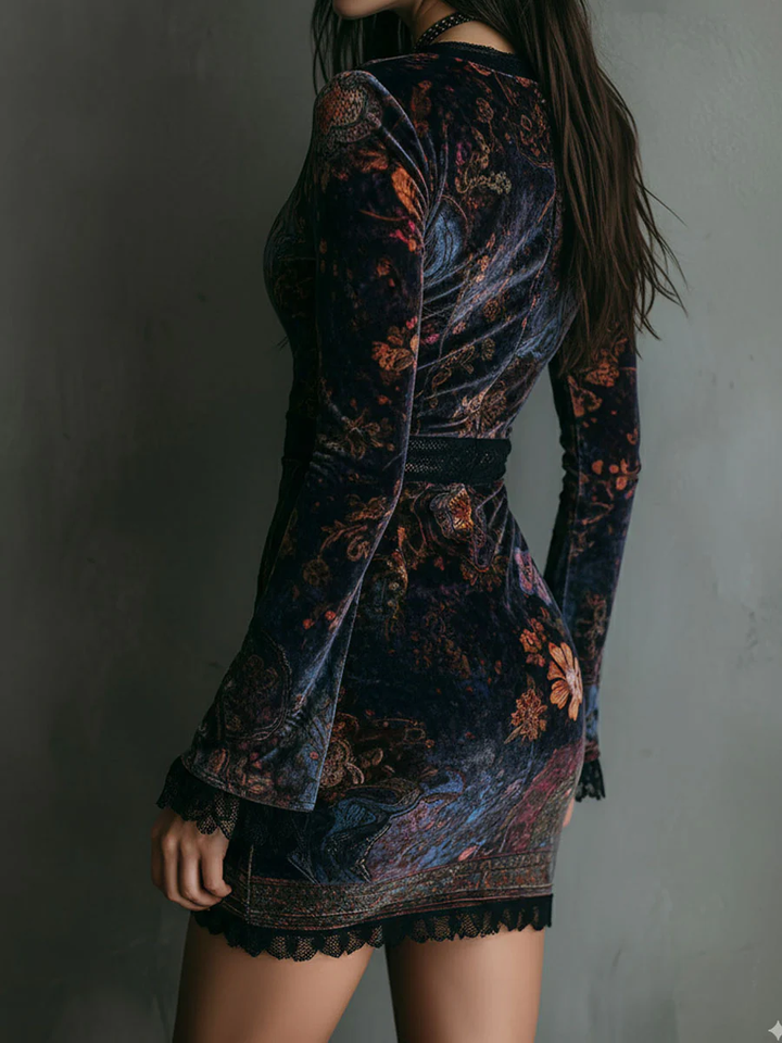 Women's Velvet Lace Floral Mini Dress - Festive & Romantic