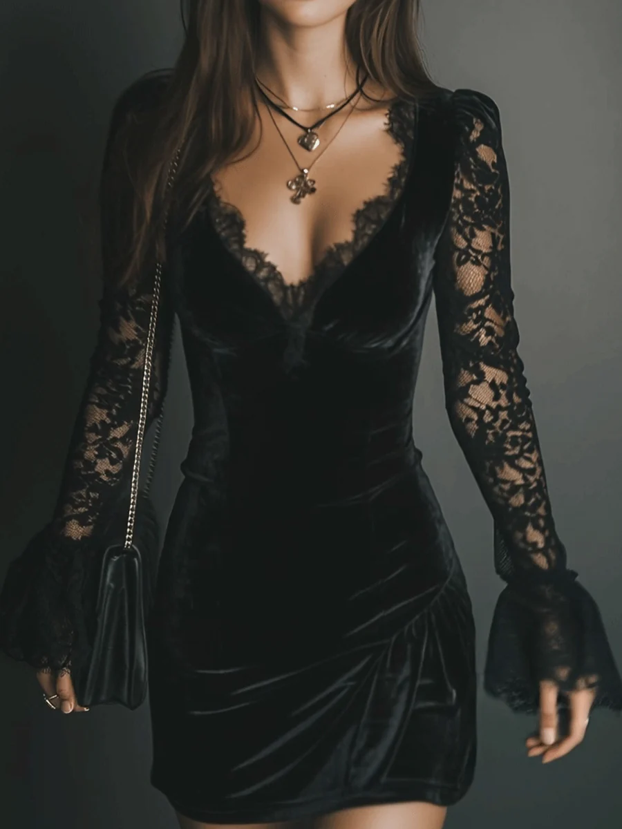 Women's Velvet Mini Dress with Lace - Sophisticated Evening Look