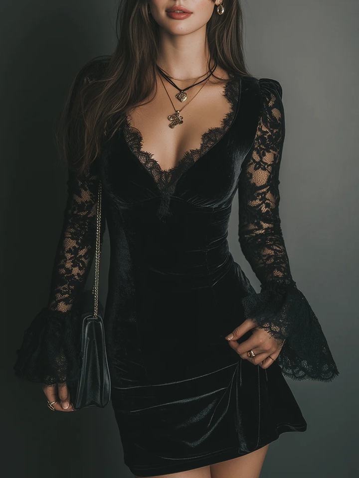 Women's Velvet Mini Dress with Lace - Sophisticated Evening Look