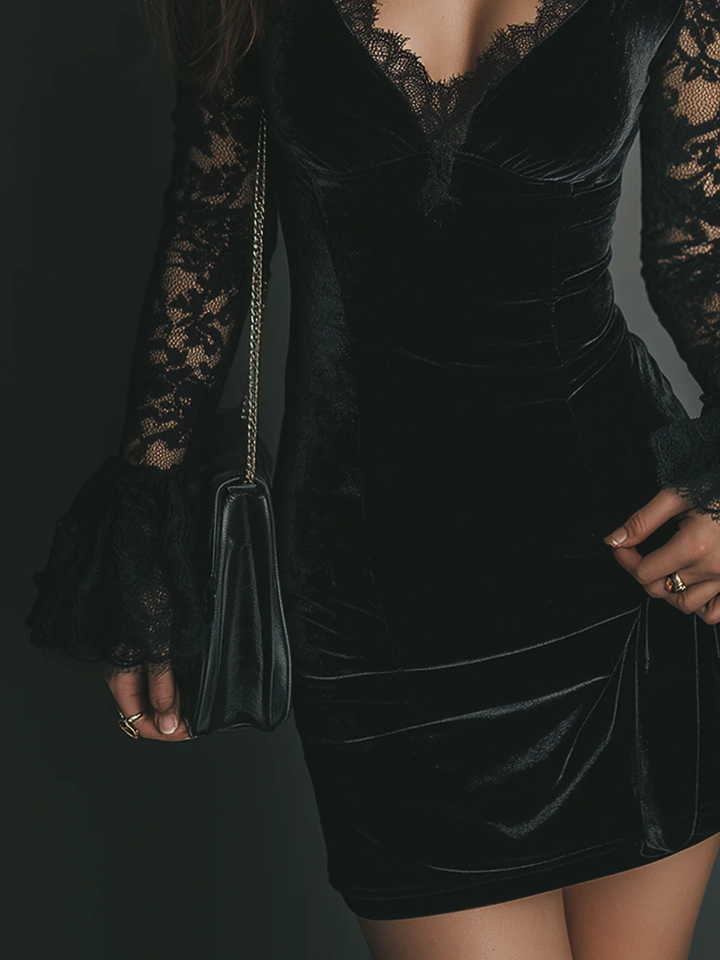 Women's Velvet Mini Dress with Lace - Sophisticated Evening Look