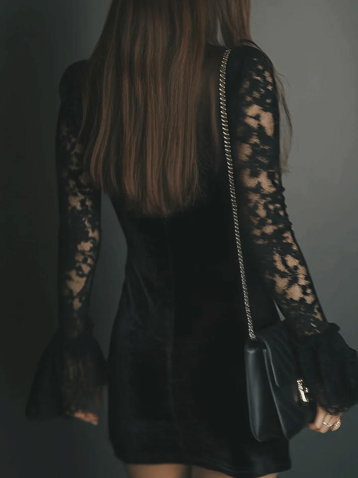 Women's Velvet Mini Dress with Lace - Sophisticated Evening Look
