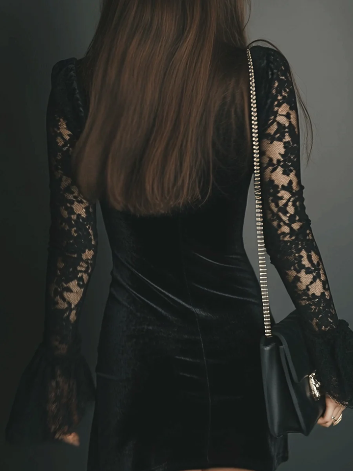 Women's Velvet Mini Dress with Lace - Sophisticated Evening Look