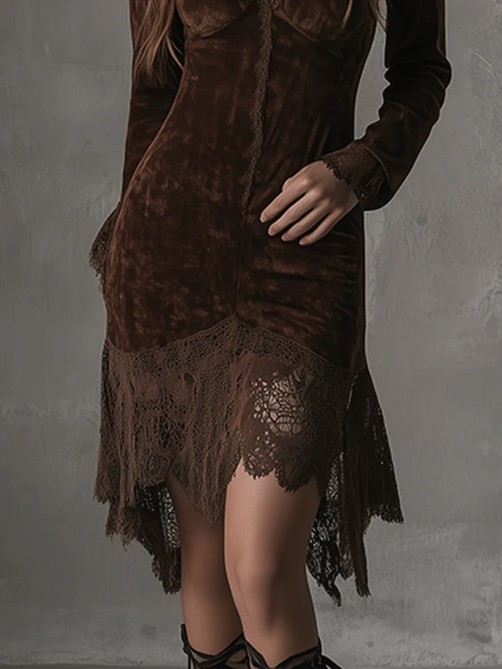 Women's Brown Velvet Midi Dress - Elegant Evening Style