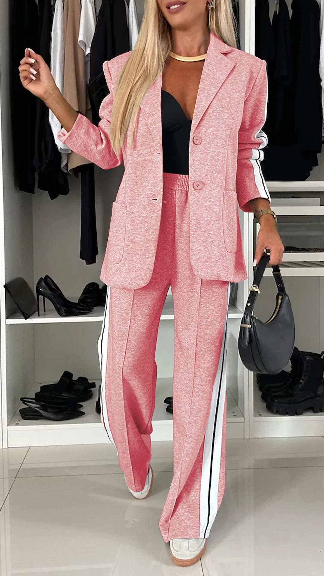Women's Striped Sport Luxe Blazer & Jogger Set - Tailored Comfort