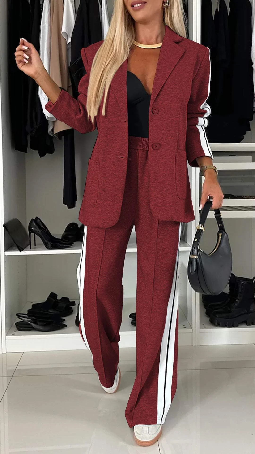 Women's Striped Sport Luxe Blazer & Jogger Set - Tailored Comfort