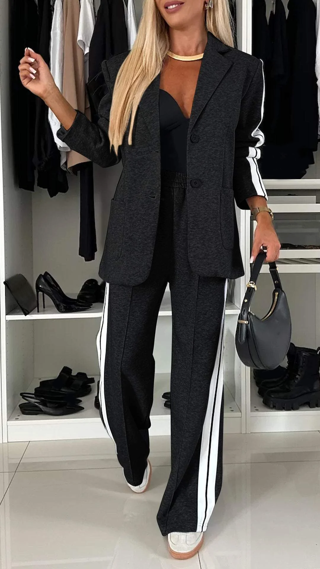 Women's Striped Sport Luxe Blazer & Jogger Set - Tailored Comfort