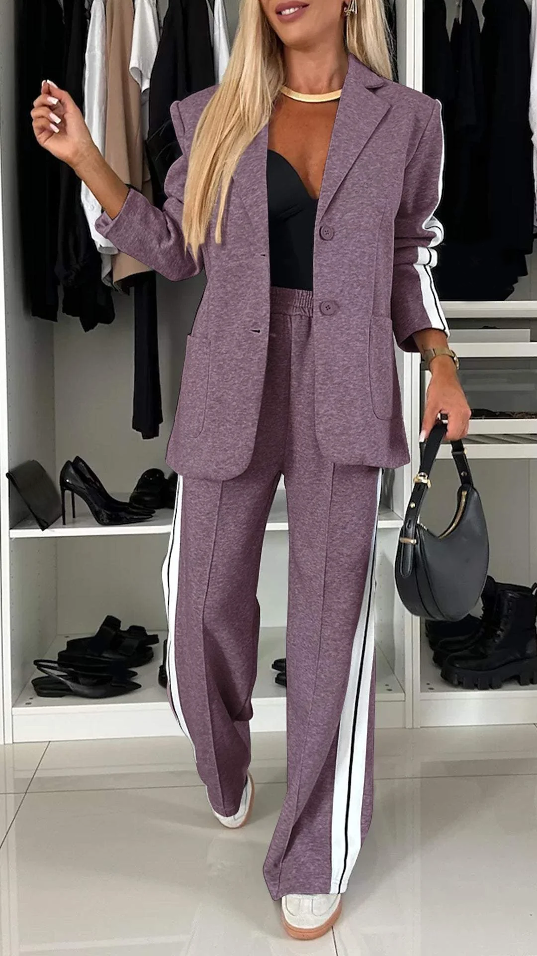 Women's Striped Sport Luxe Blazer & Jogger Set - Tailored Comfort